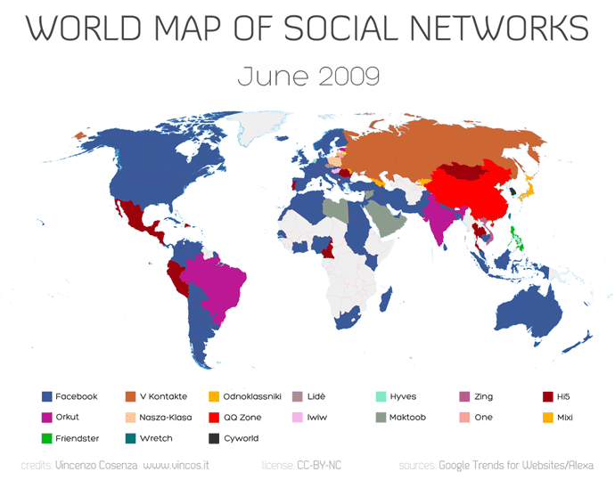 O mapa das redes sociais no mundo todo. Facebook domina mais de 90% dos países monitorados.